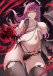  1girl absurdres areola_slip azur_lane black_horns black_nails black_sleeves black_wings breasts brown_thighhighs chain classic_(zildjian33) commentary_request demon_horns demon_wings detached_sleeves devonshire_(azur_lane) devonshire_(sadistic_demon)_(azur_lane) diamond_earrings earrings fingernails from_below glint hair_intakes highres holding horns jewelry large_breasts long_hair looking_at_viewer nail_polish navel pink_gemstone pink_hair revealing_clothes single_detached_sleeve solo stomach thighhighs thighs torn_clothes torn_thighhighs wings yellow_eyes 