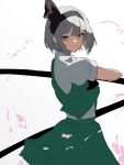  1girl absurdres black_hairband closed_mouth commentary_request green_eyes green_skirt green_vest grey_hair hairband highres konpaku_youmu looking_at_viewer moriforest1040 short_hair short_sleeves simple_background skirt smile solo touhou vest white_background 