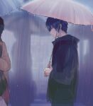  akiyoshi_(tama-pete) blue_eyes blue_hair blue_jacket closed_mouth collared_jacket crowd expressionless from_side holding holding_umbrella jacket kaito_(vocaloid) looking_down male_focus rain road short_hair standing street umbrella upper_body vocaloid 