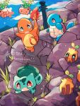  artist_name blue_sky bulbasaur charmander cloud colored_skin commentary_request fang fiery_tail fire floating grass hanabusaoekaki highres hoppip no_humans open_mouth outdoors pink_skin pokemon pokemon_(creature) red_eyes rock shell sky sparkle squirtle sunkern tail 