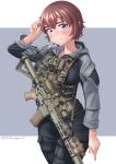  1girl absurdres ar-15 artist_name black_jacket black_pants blue_eyes blush brown_hair cargo_pants closed_mouth cowboy_shot grey_jacket gun gun_sling hand_in_own_hair harness highres jacket kzm_(sub-moa_works) load_bearing_vest long_sleeves looking_at_viewer magazine_(weapon) multicolored_clothes multicolored_jacket original pants red_hair rifle scope short_hair signature simple_background smile solo standing twitter_username two-tone_jacket weapon 