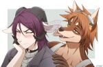anthro anthro_on_anthro blush blush_lines bovid brown_hair canid canine canis caprine clothed clothing dobermann domestic_dog duo ear_piercing ear_ring eyebrows fangs fingers goat hair heterochromia horizontal_pupils interspecies keith_(seyumei) male male/male mammal piercing pinscher pupils purple_hair ring_piercing seyumei sky_(seyumei) smile teeth tongue tongue_out