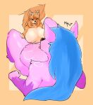 ajotula anthro big_breasts blue_hair breasts canid canine canis duo female female/female fox hair hi_res huge_breasts mammal nipples orange_background orange_body orange_hair pink_body pink_nipples simple_background spread_legs spreading tail thick_thighs vivi_(vivzlover) wolf