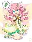  1girl :d bare_shoulders blue_eyes detached_sleeves dragalia_lost dress fairy fairy_wings fang feather_hair_ornament feathers flower full_body hair_flower hair_ornament long_hair looking_at_viewer musical_note notte_(dragalia_lost) open_mouth pink_hair sitting skin_fang smile solo spoken_musical_note takasaka_light wariza wings 
