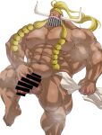  1boy abs absurdres ass_visible_through_thighs bar_censor bara beard blonde_hair blush braid braided_beard censored completely_nude facial_hair flaccid highres huge_pectorals jack_(one_piece) kanimiso_(jin_mochi_be) large_horns long_beard long_hair male_focus mask mouth_mask muscular muscular_male navel nipples nude one_piece solo spread_legs steaming_body strongman_waist thick_thighs thighs very_long_beard 