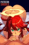  1boy 1girl absurdres ass bed broken_halo completely_nude cum cum_in_mouth curvy fellatio green_eyes guilty_gear guilty_gear_strive halo highres huge_ass jack-o&#039;_valentine looking_at_viewer nude oral patreon_logo red_hair smgold watermark 