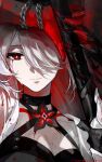  1girl absurdres acheron_(honkai:_star_rail) arm_up black_choker black_gloves blood blood_from_eyes body_markings breasts chain choker cleavage coat detached_sleeves flower gloves hair_over_one_eye highres holding holding_sword holding_weapon honkai:_star_rail honkai_(series) long_hair red_eyes red_flower single_bare_shoulder solo sword weapon white_coat white_hair yayu041832151 