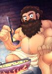  1boy absurdres bara beard brown_hair cooking dungeon dungeon_meshi dwarf facial_hair full_beard highres holding incoming_food long_beard looking_at_viewer male_focus mature_male muscular muscular_male navel navel_hair nipples senshi_(dungeon_meshi) sitting solo stomach sweat thick_beard thick_eyebrows thick_mustache tofuboyz topless_male towel_around_waist wok 