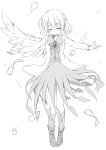  1girl absurdres angel_wings blush boots bow bowtie brooch closed_eyes closed_mouth commentary dress falling_feathers feathered_wings feathers greyscale highres jacket jewelry kishin_sagume long_sleeves medium_hair monochrome open_clothes open_jacket outstretched_arms single_wing smile solo spread_arms touhou tsuukinkaisoku_oomiya wings 