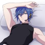  1boy akiyoshi_(tama-pete) arm_rest arm_up armpits blue_eyes blue_hair blue_nails closed_mouth expressionless hair_between_eyes head_on_pillow headset kaito_(vocaloid) looking_at_viewer lying male_focus on_back sleeveless sleeveless_turtleneck solo turtleneck upper_body vocaloid 