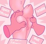absurd_res anthro anus backsack balls butt butt_grab disembodied_hand english_text fake_advertisement fur genitals hand_on_butt hi_res humanoid_genitalia humor lagomorph leporid male mammal perineum pink_background pink_body pink_fur rabbit simple_background solo text xing1