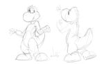 anthro clothing featureless_crotch footwear head_spikes looking_aside male mario_bros monochrome mouth_closed narrowed_eyes nintendo oselotti shoes simple_background solo spikes spikes_(anatomy) standing tail thick_thighs yoshi