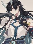  aqua_eyes aqua_horns black_gloves black_hair caelus_(honkai:_star_rail) closed_mouth clothing_cutout dan_heng_(honkai:_star_rail) dan_heng_(imbibitor_lunae)_(honkai:_star_rail) dragon_boy fingerless_gloves gloves honkai:_star_rail honkai_(series) horns long_hair male_focus mogi_(green_tea_planet) out_of_frame pointy_ears pov pov_hands shirt sleeveless sleeveless_shirt solo_focus trailblazer_(honkai:_star_rail) yaoi 