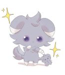  animal_focus closed_mouth commentary_request espurr grey_fur highres no_humans pokemon pokemon_(creature) purple_eyes simple_background sparkle standing suimin_ap_(aroniumu) tail white_background 