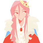 2023 ambiguous_gender ambiguous_humanoid bangs braided_hair button_(fastener) cape clothed clothing crown digital_drawing_(artwork) digital_media_(artwork) fangs fur gem hair headgear hi_res humanoid humanoid_pointy_ears lineless long_hair male_(lore) not_furry pink_hair red_cape red_clothing red_eyes simple_background solo sunfl0werii technoblade teeth white_background