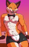 5:8 abs absurd_res anthro bedroom_eyes black_clothing bow_tie brown_body brown_fur butler canid canine clothed clothing cuffs_(clothing) epic_games fennix_(fortnite) fortnite fox fur hi_res leaning_on_table lying male mammal meme meme_clothing mitsufoppie muscular muscular_male narrowed_eyes navel on_front open_mouth orange_body orange_fur orange_sclera seductive signature simple_background smile solo star topless topless_male underwear white_body white_fur yellow_body yellow_eyes yellow_fur