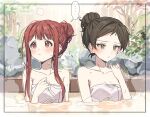  ... 2girls bare_shoulders blush breasts brown_hair cleavage hair_bun hano9789 highres idolmaster idolmaster_million_live! kitazawa_shiho looking_to_the_side multiple_girls naked_towel onsen red_hair shared_speech_bubble sidelocks single_hair_bun sitting speech_bubble spoken_ellipsis steam tanaka_kotoha towel 