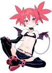  1girl belt black_skirt closed_mouth commentary demon_girl demon_tail disgaea etna_(disgaea) flat_chest highres looking_at_viewer navel qusouzu_mogari red_hair short_hair simple_background sitting skirt solo tail twintails white_background white_belt 