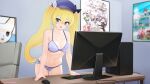  1girl :d artist_name blonde_hair blue_bra blue_hat blue_panties blurry blurry_background bra cameltoe chair computer computer_tower cowboy_shot dokibird_(vtuber) eroneko_senpai green_eyes highres indie_virtual_youtuber indoors keyboard_(computer) looking_at_viewer monitor mouse_(computer) navel panties poster_(object) smile solo standing striped_clothes striped_panties table twintails underwear virtual_youtuber 