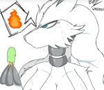 anthro biped blue_eyes bodily_fluids breasts claws cleavage clothed clothing dessert female fire food fur generation_5_pokemon ice_cream legendary_pokemon nintendo pokemon pokemon_(species) reshiram solo speech_bubble svkhaiminh sweat white_body white_fur