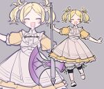  1girl aged_down artist_name axe blonde_hair closed_eyes do_m_kaeru fire_emblem fire_emblem_awakening fire_emblem_heroes hair_ribbon holding holding_axe lissa_(child)_(fire_emblem) lissa_(fire_emblem) open_mouth ribbon smile solo twintails 