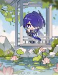  1girl acheron_(honkai:_star_rail) aixixixixi artist_name black_choker black_gloves chibi chibi_only choker cloud detached_sleeves eating falling_leaves flower_on_liquid food fruit gloves grass hair_over_one_eye highres holding holding_food holding_fruit honkai:_star_rail honkai_(series) leaf lily_pad long_hair multicolored_hair partially_colored peach purple_eyes purple_hair rock single_bare_shoulder solo standing streaked_hair tree water 
