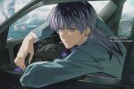  1boy arm_rest car closed_mouth collared_jacket collared_shirt driving ear_piercing expressionless haitani_rindou jacket leaning_forward light_blue_jacket looking_at_viewer male_focus motor_vehicle piercing purple_eyes purple_hair road shirt solo suit tokyo_revengers wolf_cut yoursunfy 