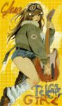 1girl abstract_background brown_footwear brown_hair electric_guitar goggles goggles_on_head guitar highres holding holding_guitar holding_instrument hott0g111 instrument jacket long_hair nanaco_(hott0g111) open_mouth original shoes shorts socks solo white_socks 