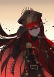  1girl black_hair cape family_crest fate/grand_order fate_(series) gloves hair_between_eyes hat highres long_hair long_sleeves looking_at_viewer military_uniform oda_nobunaga_(fate) oda_nobunaga_(koha-ace) oda_uri peaked_cap red_cape red_eyes smile solo twitter_username uniform zumiki 