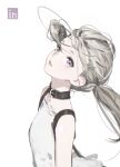  1girl choker d.k dress fio_(nier) flat_chest floating_hair grey_eyes grey_hair light_smile long_hair looking_at_viewer nier_(series) nier_reincarnation parted_lips simple_background solo twintails upper_body white_background white_dress 