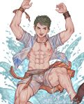  bishounen green_hair happy highres jumping male_focus original penis red_eyes reirotic splashing summer sweat swimsuit translucent water wet wet_clothes wet_swimsuit yaoi 