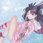  1girl black_hair blush breasts earrings fate/grand_order fate_(series) fur_trim hair_ribbon highres hood hoop_earrings ishtar_(fate) ishtar_(swimsuit_rider)_(fate) jacket jewelry long_hair long_sleeves looking_at_viewer parted_bangs pink_jacket red_eyes ribbon smile solo swimsuit thighs two_side_up 