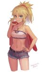  1girl belt black_belt blonde_hair collarbone cropped_legs dated denim denim_shorts fate/apocrypha fate_(series) fon-due_(fonfon) green_eyes highres holding holding_clothes holding_jacket jacket jewelry looking_at_viewer mordred_(fate) mordred_(fate/apocrypha) navel necklace parted_lips ponytail shirt shorts signature simple_background solo white_background white_shirt 