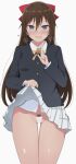  1girl absurdres ass_visible_through_thighs bar_censor black_jacket blue_eyes blush brown_hair censored clothes_lift commentary_request female_pubic_hair hair_ribbon heart heavy_breathing highres jacket lifted_by_self long_hair long_sleeves looking_at_viewer love_live! love_live!_nijigasaki_high_school_idol_club neck_ribbon nijigasaki_academy_school_uniform no_panties osaka_shizuku pubic_hair pussy red_skirt ribbon school_uniform scribble_censor shirt skirt skirt_lift smile solo standing sweatdrop upper_body wewe white_background white_shirt yellow_ribbon 
