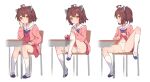  1girl ahoge brown_hair buttons cardigan chair closed_mouth desk dress full_body hair_between_eyes headgear highres multiple_views open_cardigan open_clothes orange_eyes panties pink_cardigan red_dress sailor_collar sailor_dress school_chair school_desk shoes short_hair simple_background sitting socks touhoku_kiritan two_side_up underwear voiceroid white_background white_panties white_sailor_collar white_socks yamamomo_(plank) 