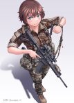  1girl absurdres ar-15 blue_eyes boots brown_hair camouflage camouflage_pants ck901 closed_mouth combat_boots commentary_request full_body gun gun_sling highres holding holding_gun holding_weapon kzm_(sub-moa_works) looking_at_viewer military military_uniform original pants partial_commentary rifle scope short_hair sleeves_rolled_up smile solo standing trigger_discipline uniform weapon white_background 