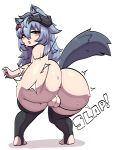 absurd_res alpha_channel balls biped blue_hair blush bodily_fluids clothing genitals girly hair hi_res humanoid legwear looking_at_viewer looking_back male mostly_nude solo sweat theyeager thigh_highs