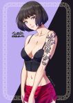  1girl arm_tattoo black_hair blue_eyes breasts bustier cleavage commentary_request dated groin head_tilt highres large_breasts miniskirt mito_amatsu navel original pink_lips red_skirt shoulder_tattoo signature skirt solo tattoo twitter_username upper_body 