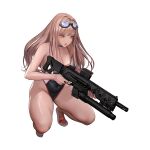  1girl absurdres black_choker black_one-piece_swimsuit breasts brown_hair choker competition_swimsuit covered_navel feet full_body goddess_of_victory:_nikke goggles goggles_on_head gun highleg highleg_swimsuit highres holding holding_gun holding_weapon hyulla kim_hyung_tae large_breasts legs light_brown_hair long_hair looking_at_viewer official_alternate_costume official_art one-piece_swimsuit orange_eyes parted_lips rapi_(classic_vacation)_(nikke) rapi_(nikke) sandals shiny_skin solo squatting swim_goggles swimsuit tachi-e thighs toenails toes transparent_background two-tone_swimsuit weapon 