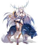  1girl antler_ornament antler_ring antlers ark_order bare_shoulders blue_fur blue_gloves boots breasts detached_sleeves dress earrings full_body fur-trimmed_sleeves fur_trim gloves gold_trim grey_hair horns jewelry large_breasts long_hair long_sleeves looking_at_viewer official_art parted_bangs see-through see-through_legwear sidelocks skadi_(ark_order) smile snowflake_earrings snowflake_print solo sparkle spirit tachi-e thighhighs transparent_background very_long_hair weapon white_dress white_footwear white_thighhighs wolf 