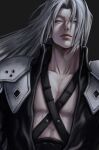  1boy aqua_eyes armor black_background black_coat chest_strap closed_mouth coat collarbone final_fantasy final_fantasy_vii final_fantasy_vii_remake grey_hair half-closed_eyes highres hxxnuat long_bangs long_hair male_focus parted_bangs sephiroth shoulder_armor slit_pupils solo upper_body 