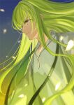  1boy enkidu_(fate) eyelashes fate/grand_order fate_(series) fon-due_(fonfon) from_side gradient_background green_eyes green_hair grey_robe jewelry light_particles long_hair male_focus necklace parted_lips robe sparkle upper_body very_long_hair 