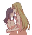 2girls blonde_hair breasts closed_eyes closed_mouth commentary english_commentary hand_on_another&#039;s_arm kaleido_star kiss kissing_forehead layla_hamilton long_hair multiple_girls naegino_sora nude purple_hair rekari_(rekari628) simple_background small_breasts upper_body white_background yuri 