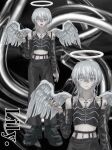  1other abstract_background angel angel_wings black_footwear black_nails black_pants black_sleeves black_vest cigarette detached_sleeves feathered_wings halo heterochromia highres holding holding_cigarette open_mouth original pants shoes vest white_eyes white_hair white_halo white_wings wings yuutsu_(umrs8555) 