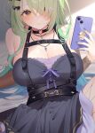  1girl bare_shoulders black_dress blush breasts ceres_fauna ceres_fauna_(goth) cleavage closed_mouth commentary deyui dress goth_fashion green_hair hair_over_one_eye highres holding holding_phone hololive hololive_english large_breasts long_hair looking_at_viewer mole mole_under_eye official_alternate_costume phone sleeveless sleeveless_dress solo symbol-only_commentary virtual_youtuber yellow_eyes 