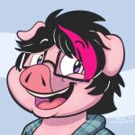 black_hair domestic_pig ears eyewear glasses hair hi_res male mammal pig_snout pink_body pink_skin smile suid suina sus_(pig) teeth toony toony_eyes trevor-fox