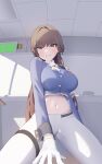  1218_haruru 1girl absurdres blue_jacket blush breasts brown_eyes brown_hair closed_mouth crop_top cropped_jacket epaulettes gloves goddess_of_victory:_nikke hair_intakes highres indoors jacket large_breasts long_hair long_sleeves looking_at_viewer marciana_(nikke) midriff military_jacket military_uniform name_tag navel pants sitting solo stomach sweat taut_jacket tight_clothes tight_pants uniform white_gloves white_pants yellow_eyes 