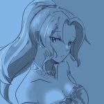  1girl bare_shoulders breasts choker cleavage closed_mouth collarbone dress earrings highres jewelry kazuwaya long_hair looking_at_viewer mavelle_froessen monochrome ponytail simple_background solo star_ocean star_ocean_first_departure 