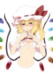  1girl bikini blonde_hair blush bow breasts clothes_lift collared_shirt commentary_request covered_nipples cropped_torso crystal_wings double-parted_bangs finger_to_mouth flandre_scarlet hand_on_own_chest hat hat_bow hat_ribbon highres looking_at_viewer mob_cap narrowed_eyes navel pointy_ears puffy_sleeves red_bow red_eyes red_ribbon red_vest ribbon ribs shirt shirt_lift short_hair side_ponytail sidelocks sleeves_rolled_up small_breasts solo swimsuit takorice touhou vest vest_lift white_background white_bikini white_hat white_shirt wings 