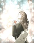  1girl absurdres backpack bag blurry blurry_background brown_eyes brown_hair can canned_coffee coat drink_can english_commentary highres kirian82033589 long_hair looking_up mittens original outdoors scarf solo standing white_scarf 